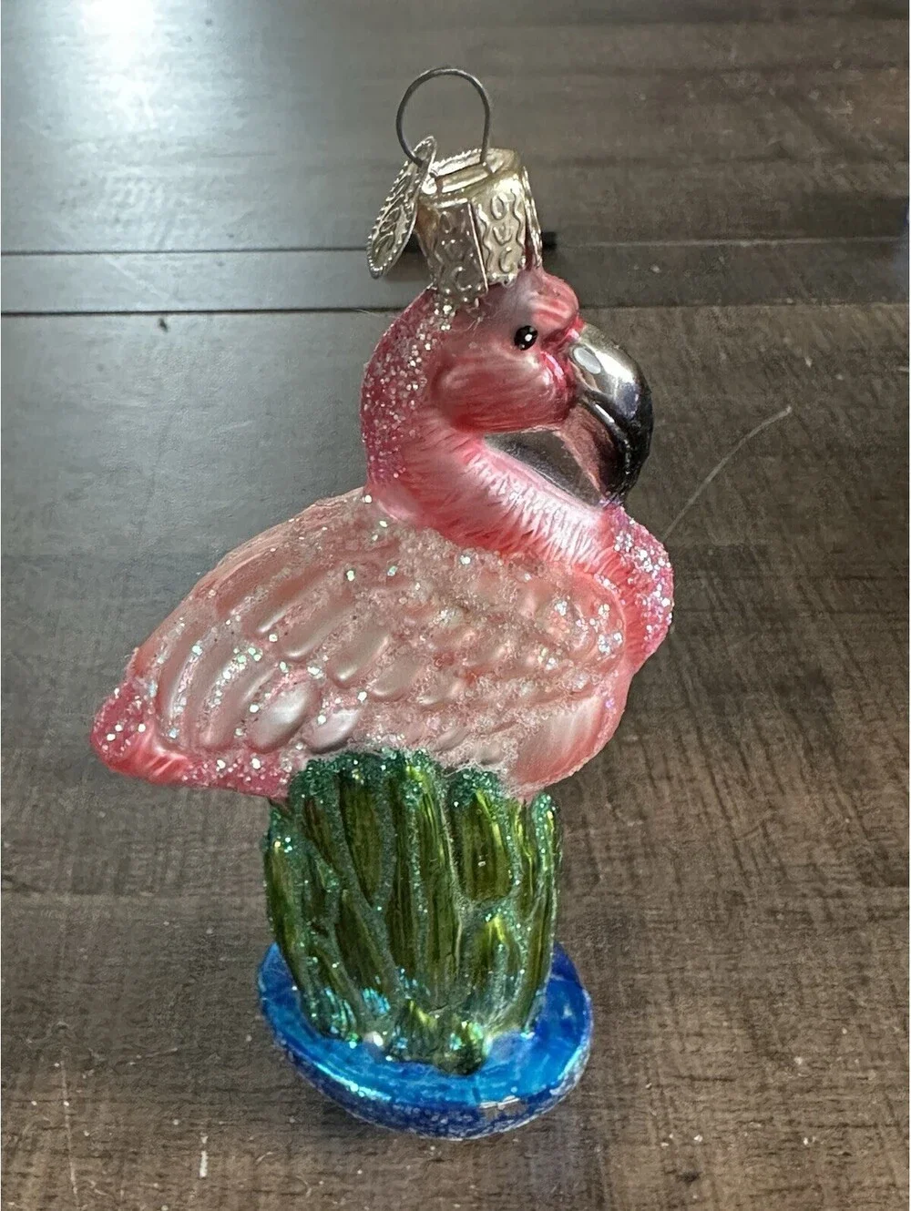 Old World Christmas Pink Flamingo Glass Ornament Our Heart Charm Tropical Bird